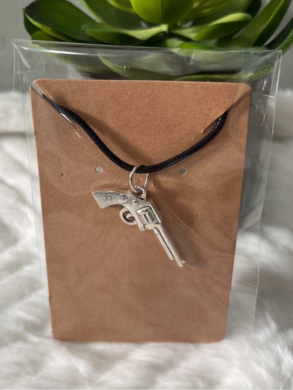 Silver Revolver Pendant Necklace Black Cord men women present gift